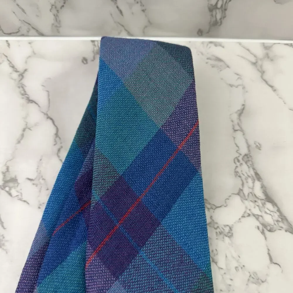 CTC Mens Vintage 80s Wool Neck Tie Made in Ireland Blue Purple Plaid Tweed